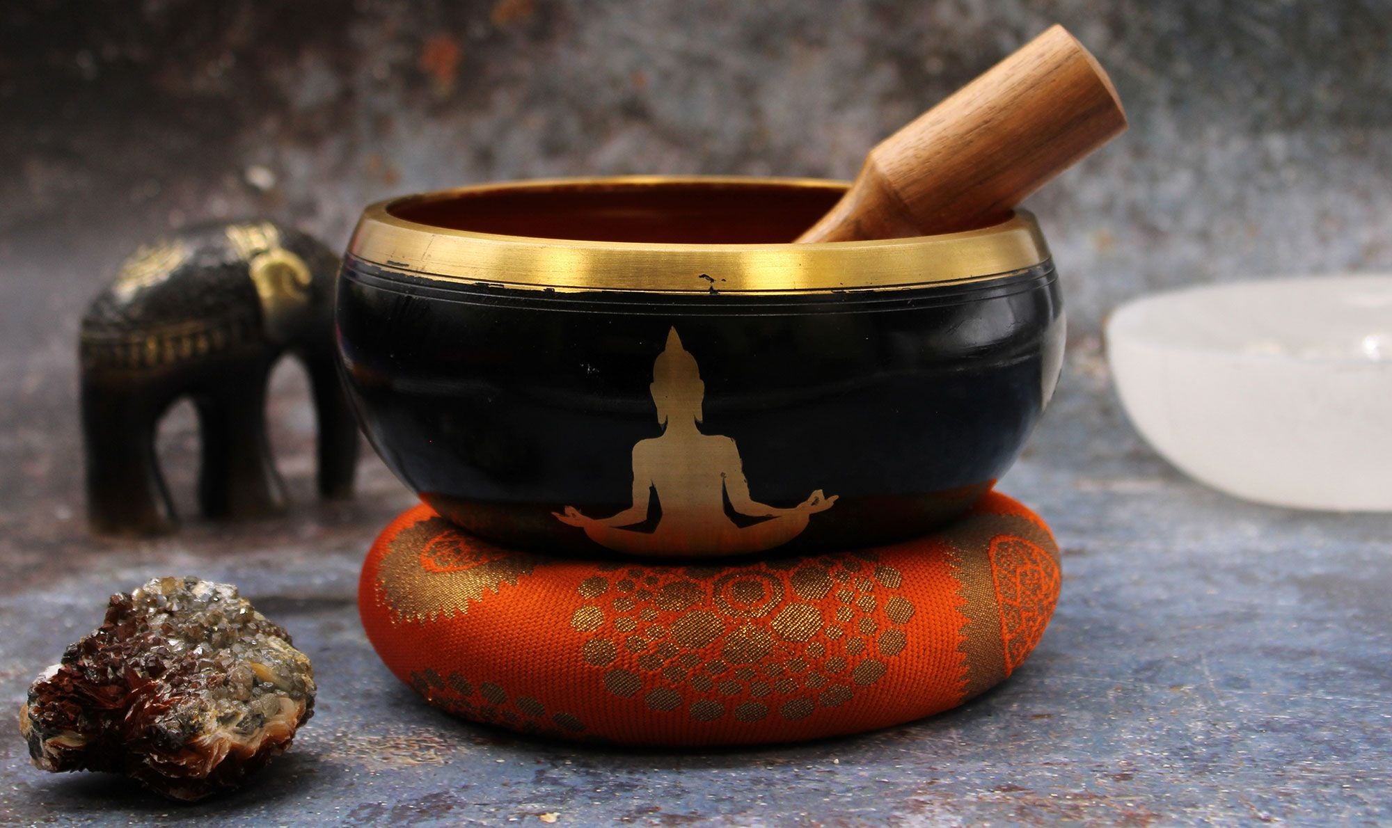 Large Buddha Singing Bowl Set - Black/Orange 14cm