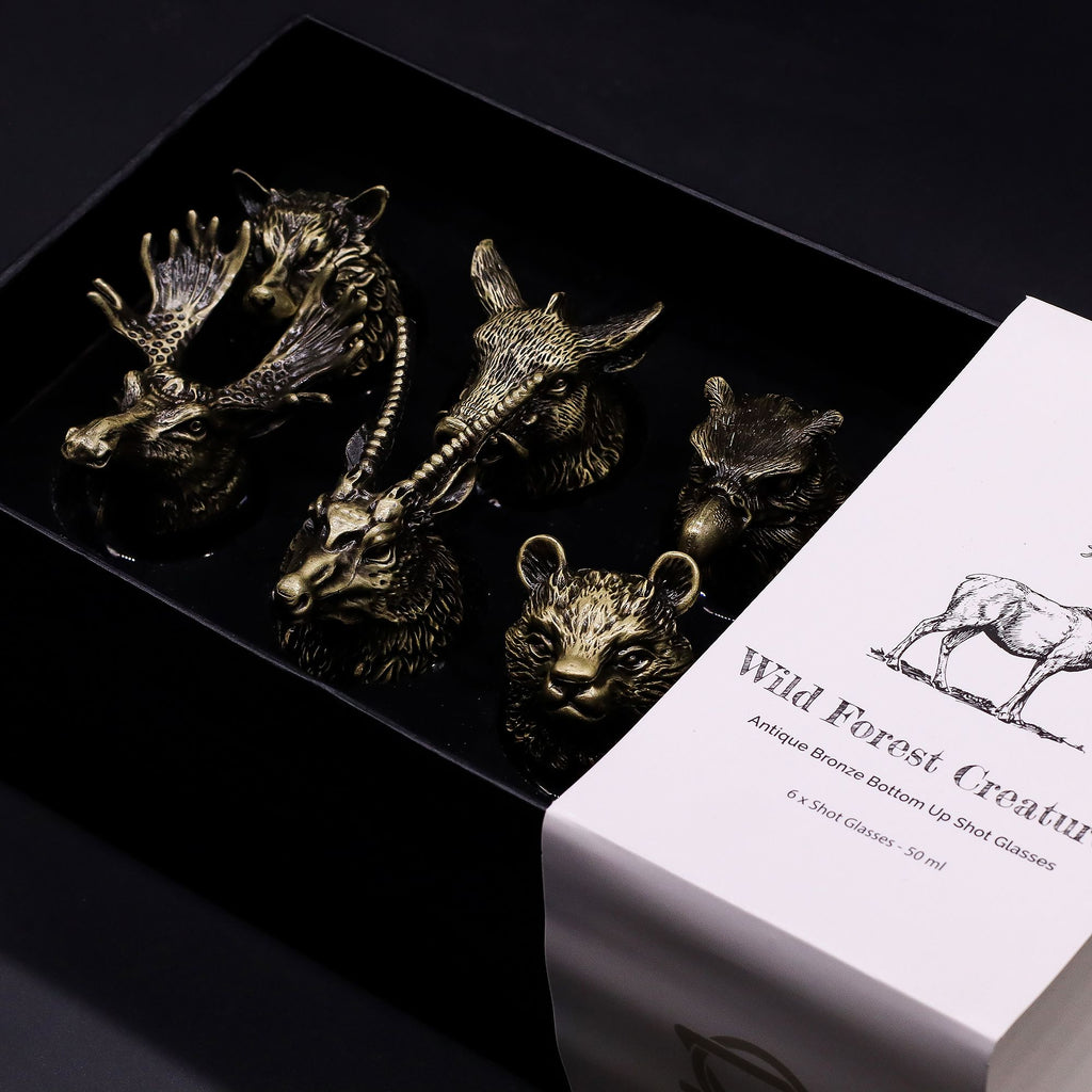 Gift Set of 6 Shot Glasses (50ml) - Wild Forest Creatures - Antique Bronze