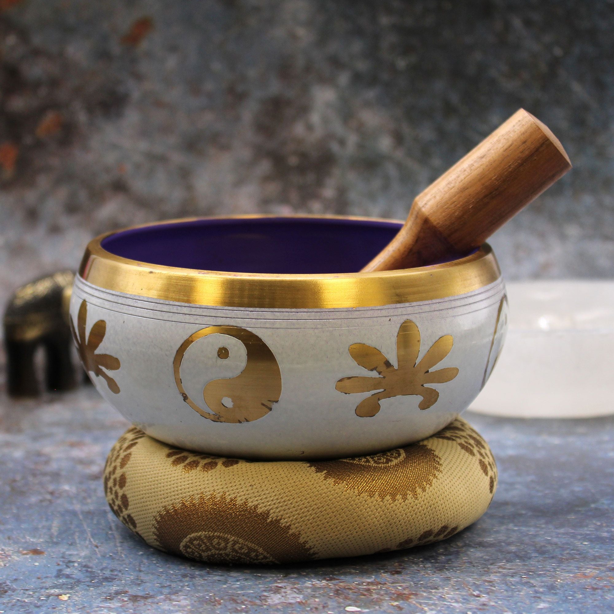 Large Yin & Yang Singing Bowl Set - White/Purple 14cm