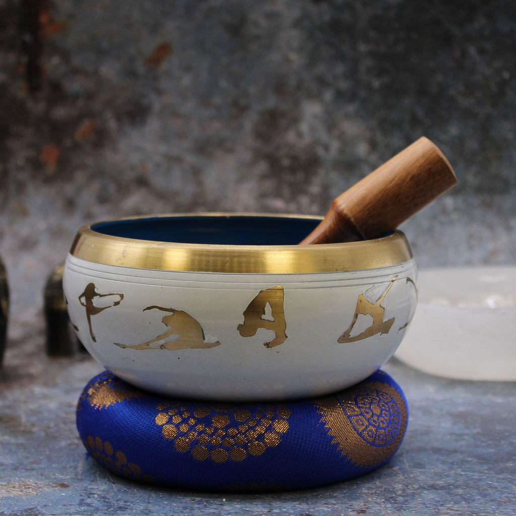 Large Yoga Moves Singing Bowl Set - White/Blue 14cm